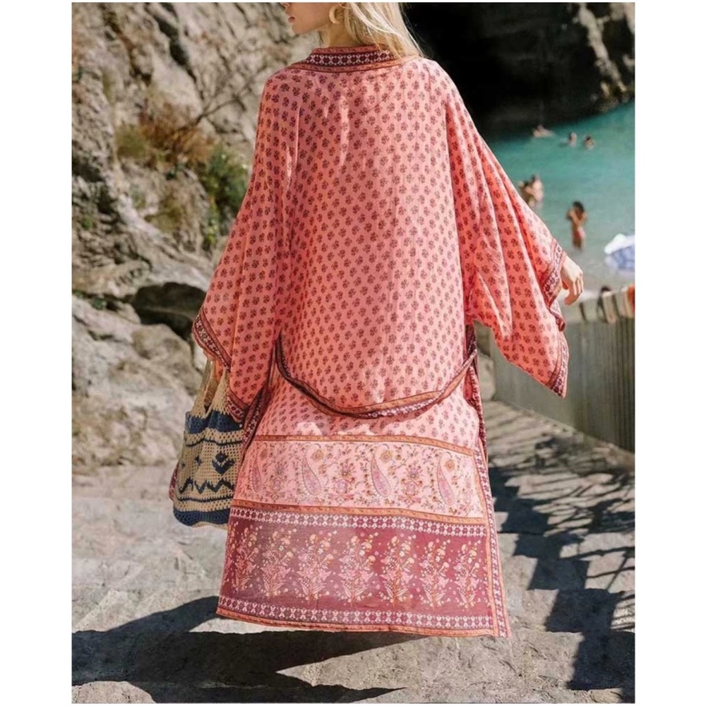 Red boho  Floral print Kimono Beach Cover Belted - Picture 11 of 14